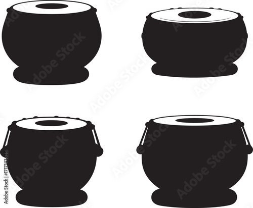 Four identical black drum silhouettes against a white background silhouette