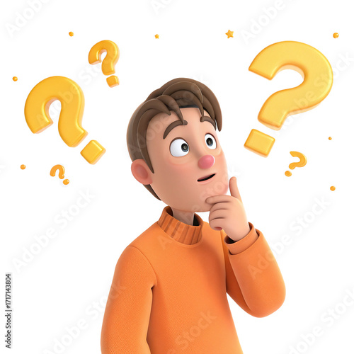 3D Cartoon Man Thinking with Multiple Question Marks Isolated on White