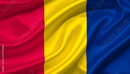 Romania flag with vertical blue, yellow, red stripes and subtle fabric folds