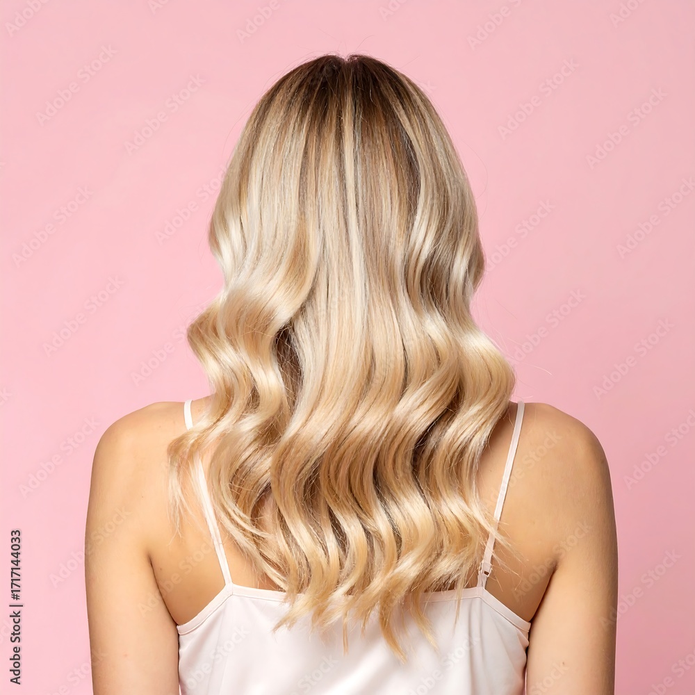 Fototapeta premium Blonde wavy hair against a pink background