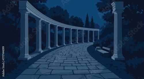 A curved colonnade and pathway lead toward dark silhouetted trees