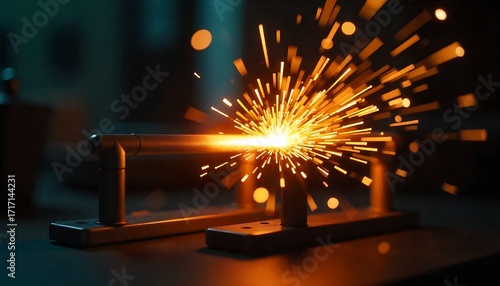 Dynamic welding sparks illuminate industrial metalwork, showcasing manufacturing process and precision