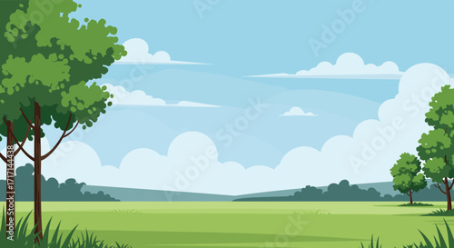 A peaceful landscape with green fields trees and a blue sky