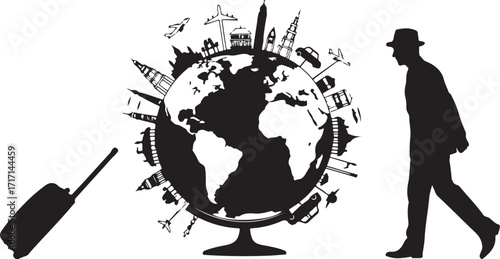 Traveler walking around globe