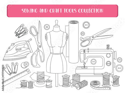 Black and White Sewing and Craft Tools Line Art  Vector Collection for Coloring and DIY Projects