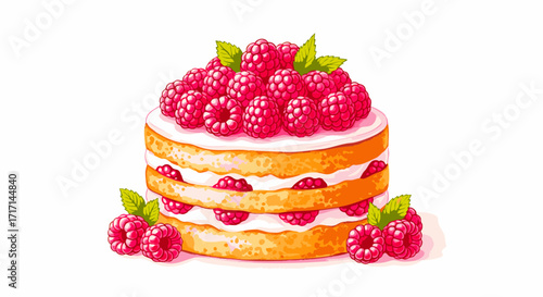 Delicious layered cake adorned with fresh raspberries and a dusting of powdered sugar, perfect for any celebration