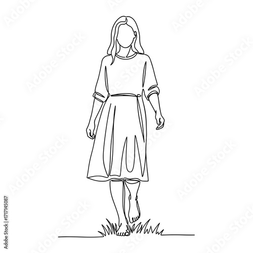Woman walking barefoot on grass in line art style symbolizing freedom