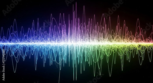 Colorful visual representation of sound waves, displaying the amplitude and frequency variations across the spectrum.