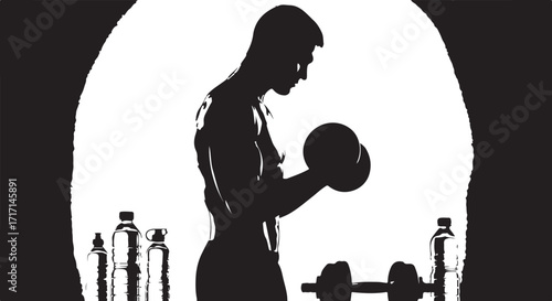 Silhouette man lifting dumbbell workout