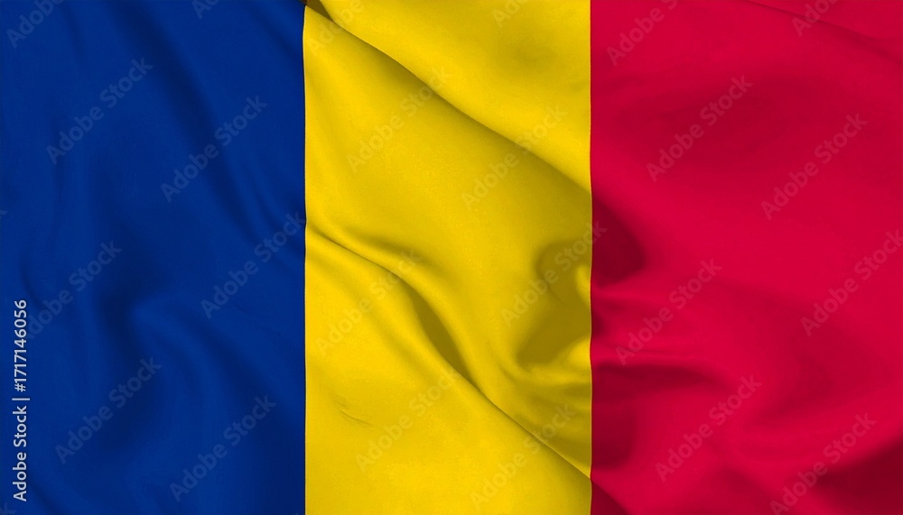 Obraz premium Romania flag with vertical blue, yellow, red stripes and subtle fabric folds