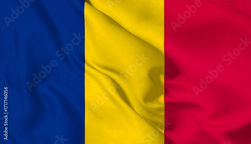 Romania flag with vertical blue, yellow, red stripes and subtle fabric folds