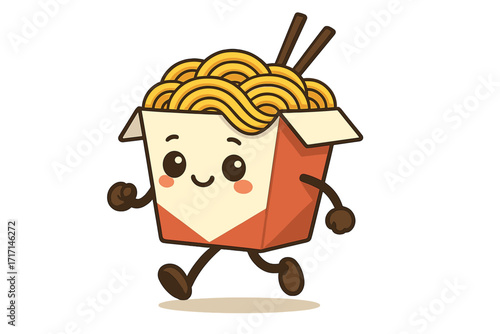 Cute Chinese noodle box character walking. Happy kawaii mascot for Asian food delivery service. Japanese wok noodle takeaway container cartoon vector illustration for restaurant logo.