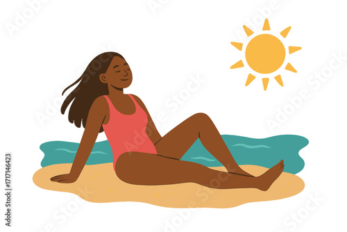 Black woman relaxing on the beach. Serene African American girl in pink swimsuit sunbathing by the sea. Summer vacation, travel and weekend lifestyle concept. Flat vector illustration.