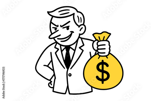 Greedy businessman with money bag. Cunning character holding cash. Financial crime or corruption concept. Insidious rich banker with profit. Vector doodle cartoon illustration.