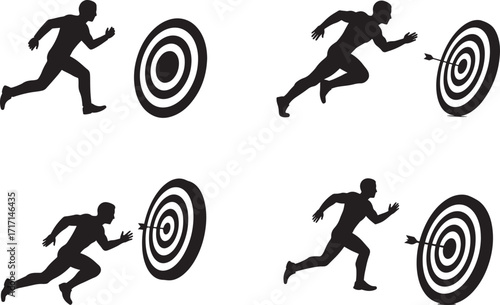 Four running man silhouettes approaching target silhouette
