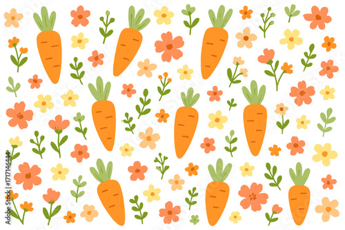 Cute carrot and flower seamless pattern. Vector background for Easter. Hand drawn cartoon illustration of spring vegetable garden for kids. Healthy food texture for fabric.