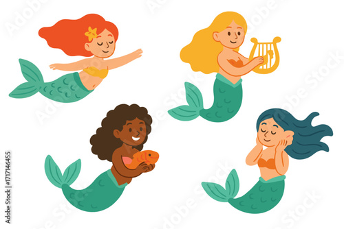 Cute mermaid character set. Diverse cartoon fantasy girls swimming, playing harp, holding fish, listening to seashell. Hand drawn flat isolated vector illustration for children.