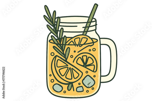 Summer lemonade in a glass mason jar with rosemary and lemon slices. Hand drawn vector illustration of a cooling, refreshing homemade beverage. Citrus infused sparkling water.