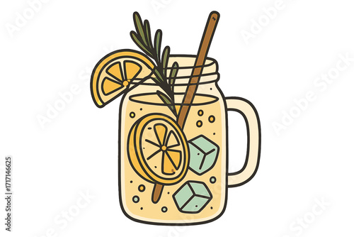 Lemonade with rosemary in mason jar glass. Refreshing summer citrus drink vector. Hand drawn flat illustration of a cold beverage with ice cubes for detox or cocktail menu.