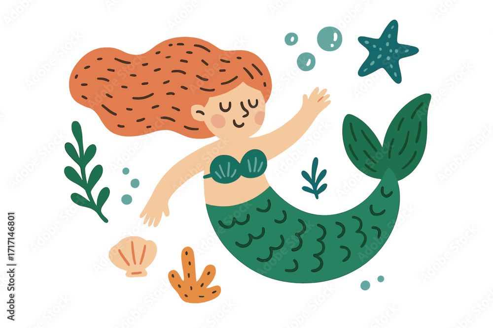 Naklejka premium Cute hand-drawn print with a funny swimming mermaid. Underwater isolated vector concept with starfish, shell, and seaweed. Happy cartoon character for kids in flat style.