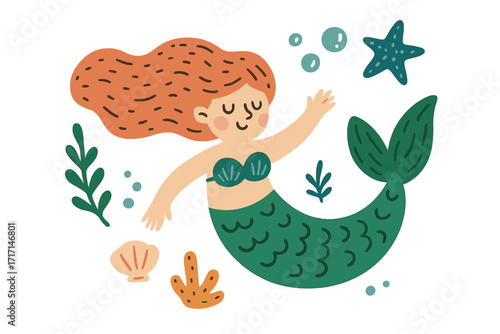 Cute hand-drawn print with a funny swimming mermaid. Underwater isolated vector concept with starfish, shell, and seaweed. Happy cartoon character for kids in flat style.