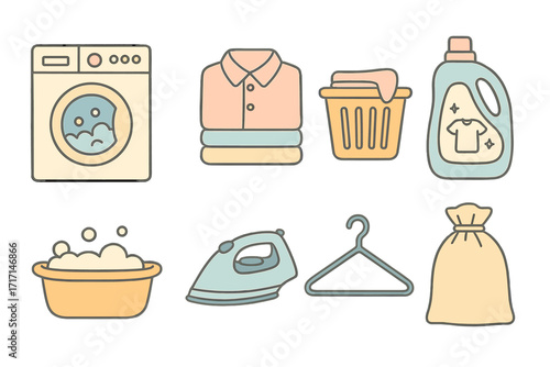 Laundry icon set vector illustration. Washing machine, clean clothes, iron, basket, detergent, basin. Housework concept. Laundromat service line art symbols. Isolated.