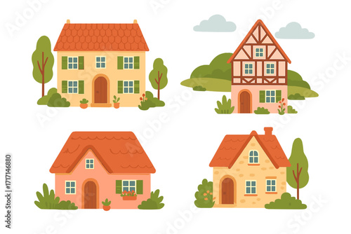 Cute european houses set. Traditional german half-timbered and village buildings constructor. Countryside architecture collection with trees, plants for cozy town landscape.