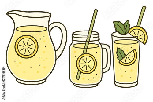 Lemonade making set vector illustration. Pitcher, mason jar, and glass with fresh citrus drink. Summer refreshing cocktail with lemon and mint for cafe menu or poster.