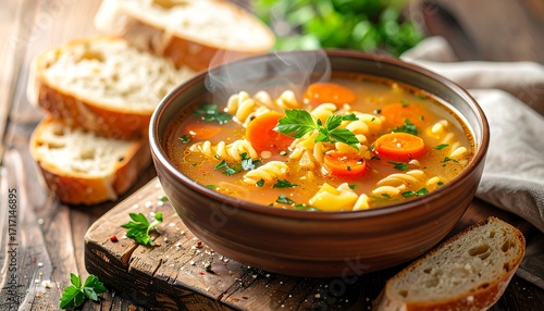 Hearty vegetable soup in a bowl, steaming hot with bread