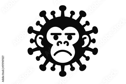 Monkeypox virus icon with sad monkey face. Mpox viral disease concept. Orthopoxvirus pathogen symbol. Epidemic infection alert sign. Flat vector logo illustration.