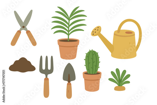 Home gardening tools and houseplants vector set. Flat illustration of garden equipment: watering can, trowel, fork, scissors. Potted plants like palm and cactus. Hobby icon.