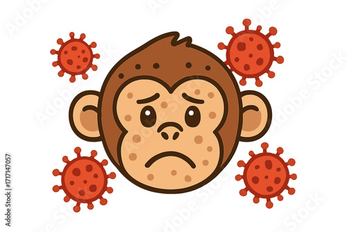 Monkeypox virus disease concept with sad monkey character. Zoonotic infection and global health alert. Stop new pandemic. Primate animal face with skin rash vector illustration.