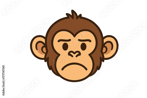 Sad monkey face vector character. Unhappy ape mascot representing sickness, monkeypox virus symptoms, or disease. Simple flat cartoon illustration. Animal head emoticon.