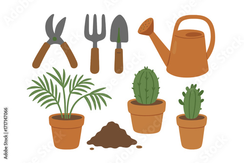 Home gardening set with tools for planting houseplants. Vector flat illustration of garden equipment: watering can, trowel, fork, scissors, potted plants, cactus, palm, and soil.