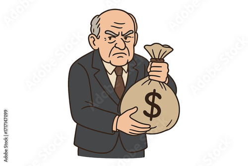 Stingy old businessman politician holding money bag. Greedy cartoon character with sack of dollars. Metaphor for corruption, avarice, capitalism. Flat vector illustration.