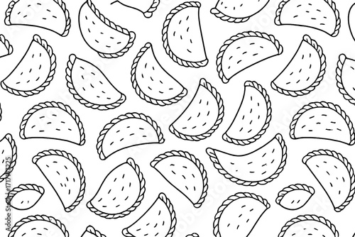 Empanada seamless pattern. Hand-drawn doodle background of traditional Latin American pastry. Vector line art illustration for menu, wallpaper or fabric. Simple food sketch.