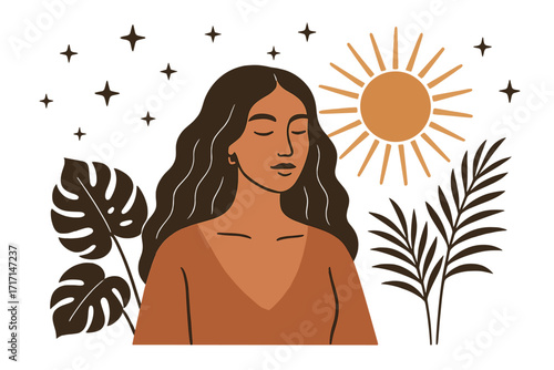 Bohemian woman portrait in minimalist art style. Mystical astrology poster with sun, stars, and tropical plants. Abstract spiritual face for wellness and meditation concept.
