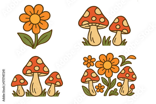 Groovy retro 70s sticker set. Collection of vintage hippie cartoon illustrations. Flower power daisies and psychedelic amanita mushrooms. Nostalgic vector graphic elements pack.