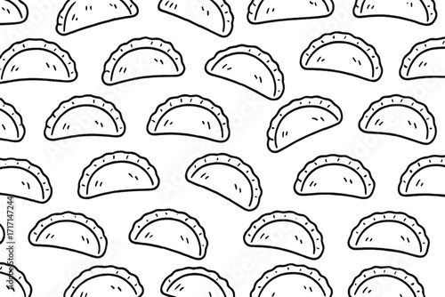 Empanada seamless doodle pattern. Linear hand drawn vector food illustration. Latin America snack background. Mexican cuisine wallpaper. Simple outline sketch for textile.