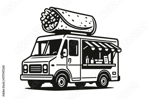 Mexican food truck with a giant burrito logo. Vector illustration for street food festival, fast delivery, or catering service. Retro-style van for a restaurant business.