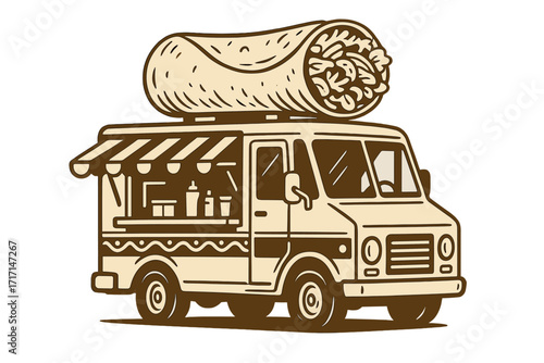 Mexican food truck with burrito logo. Street food vendor for fast delivery service. Mobile kitchen for summer festival. Vintage retro cartoon vector illustration for catering.