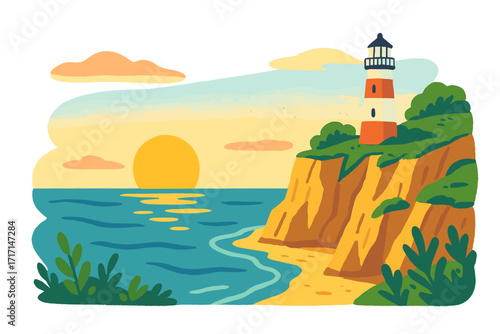 Lighthouse on a rocky cliff at sunset. Scenic coastal landscape of a sea shore. Summer sheer cliff with beacon and sun over the ocean. Vector flat illustration design.