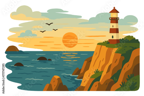 Lighthouse on a cliff at sunset. Scenic sea coast landscape. Ocean beacon on a rocky shore. Summer travel vacation concept. Seascape vector flat illustration with sun and birds.