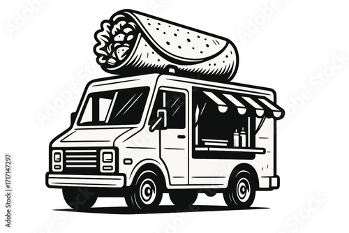Mexican food truck with giant burrito on top. Street food van for festival or delivery service. Retro cartoon vector illustration. Fast food business concept monochrome.