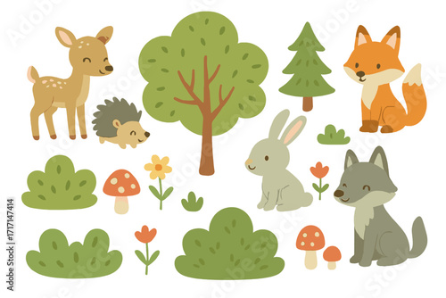 Forest animals vector collection. Cute hand drawn woodland characters: deer, fox, rabbit, wolf, hedgehog. Set of design elements for baby shower, kids, and nursery.