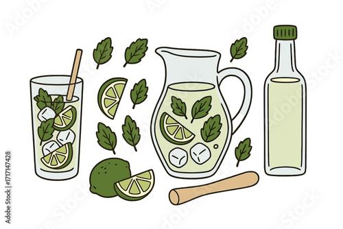 Set of mojito cocktail ingredients with lime, mint, and rum. Hand drawn vector illustration of a refreshing summer drink. Includes glass, pitcher, muddler, and ice. Flat icon set.