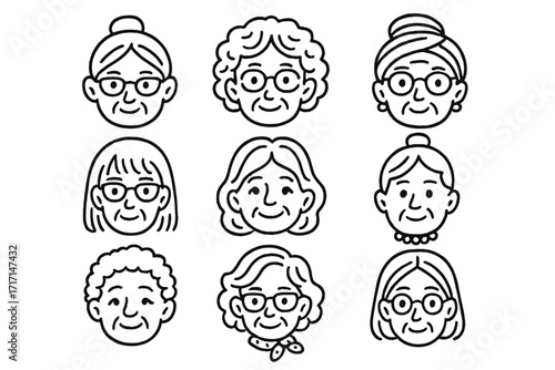 Set of old women faces vector icons. Hand drawn doodle line art illustrations of senior female characters. Elderly grandmother head portraits for avatar or user profile.