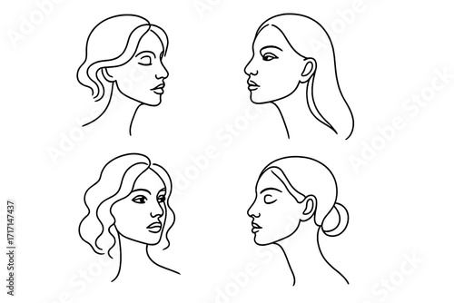 Set of woman faces in one line drawing style. Continuous line art portraits for beauty salon logo. Feminine minimalist female profiles for fashion or cosmetic brand.