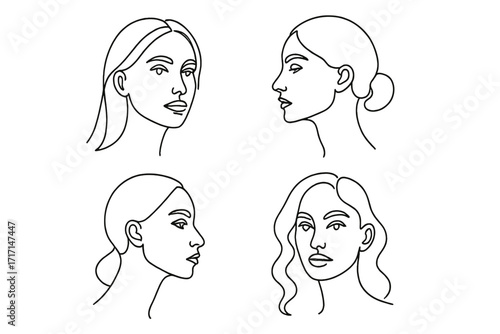 Woman faces continuous line drawing. Set of minimalist female portraits. One line art for beauty salon, spa, cosmetics. Modern fashion linear sketch vector illustration.