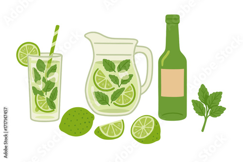 Mojito cocktail ingredients set with fresh lime, mint leaves, glass, jug, and green bottle. Refreshing summer drink vector illustration with citrus slices and ice cubes, flat design